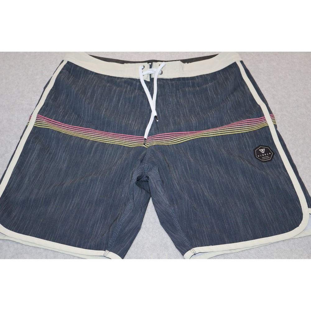Vissla Board Shorts Mens 34 Blue Striped Upcycled Poly Cotton Stretch Surf Swim